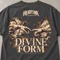 Creation No. 01 graphic tee in Graphite, close-up of the large reaching-hands back print and Heavy Ink Studio lettering.