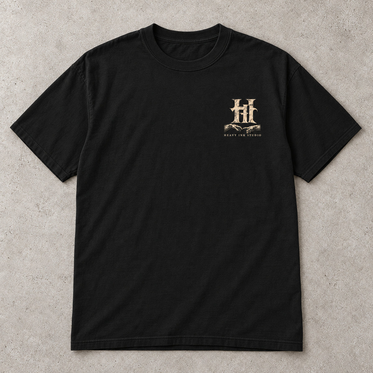 Creation No. 01 by Heavy Ink Studio in Black, full shirt front view.