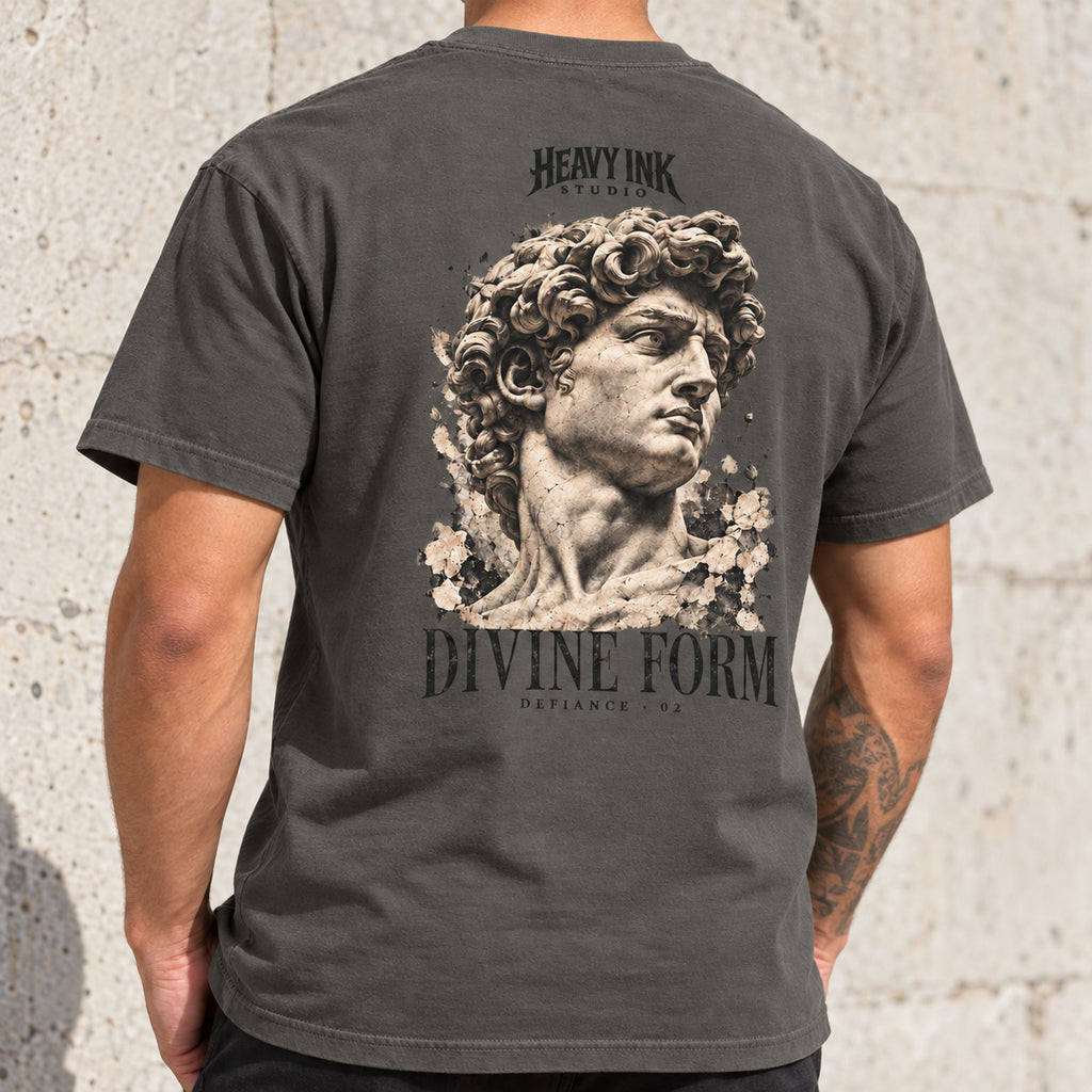 Defiance No. 02 by Heavy Ink Studio in Pepper, relaxed-fit model back view.
