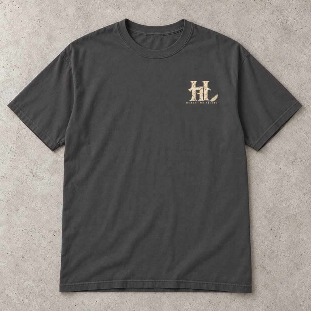 Fallen No. 03 by Heavy Ink Studio in Graphite, full shirt front view.