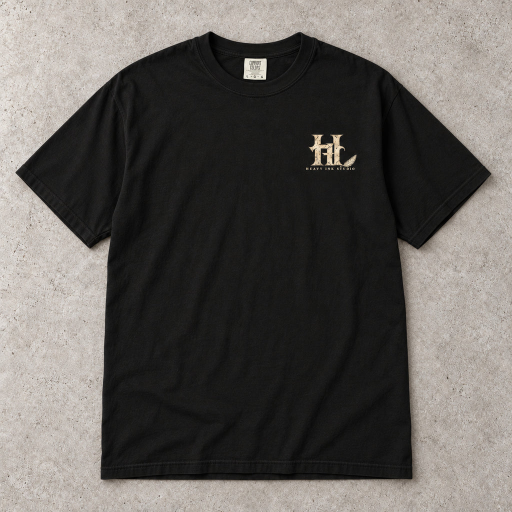 Fallen No. 03 by Heavy Ink Studio in Black, full shirt front view.