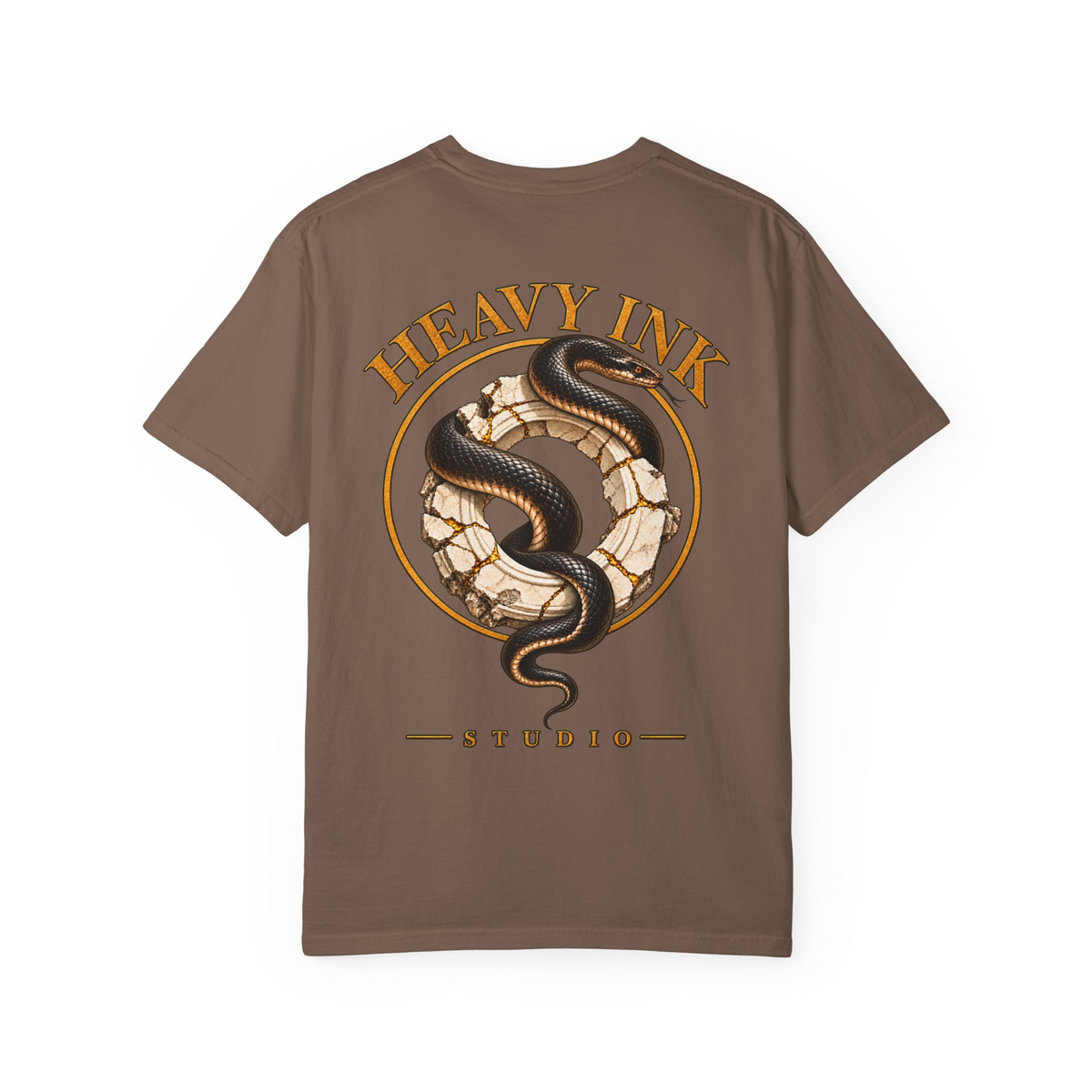 Gilded Serpent tee in Espresso, back view with a black serpent wrapped through a cracked ivory stone ring, gold halo and Heavy Ink Studio lettering