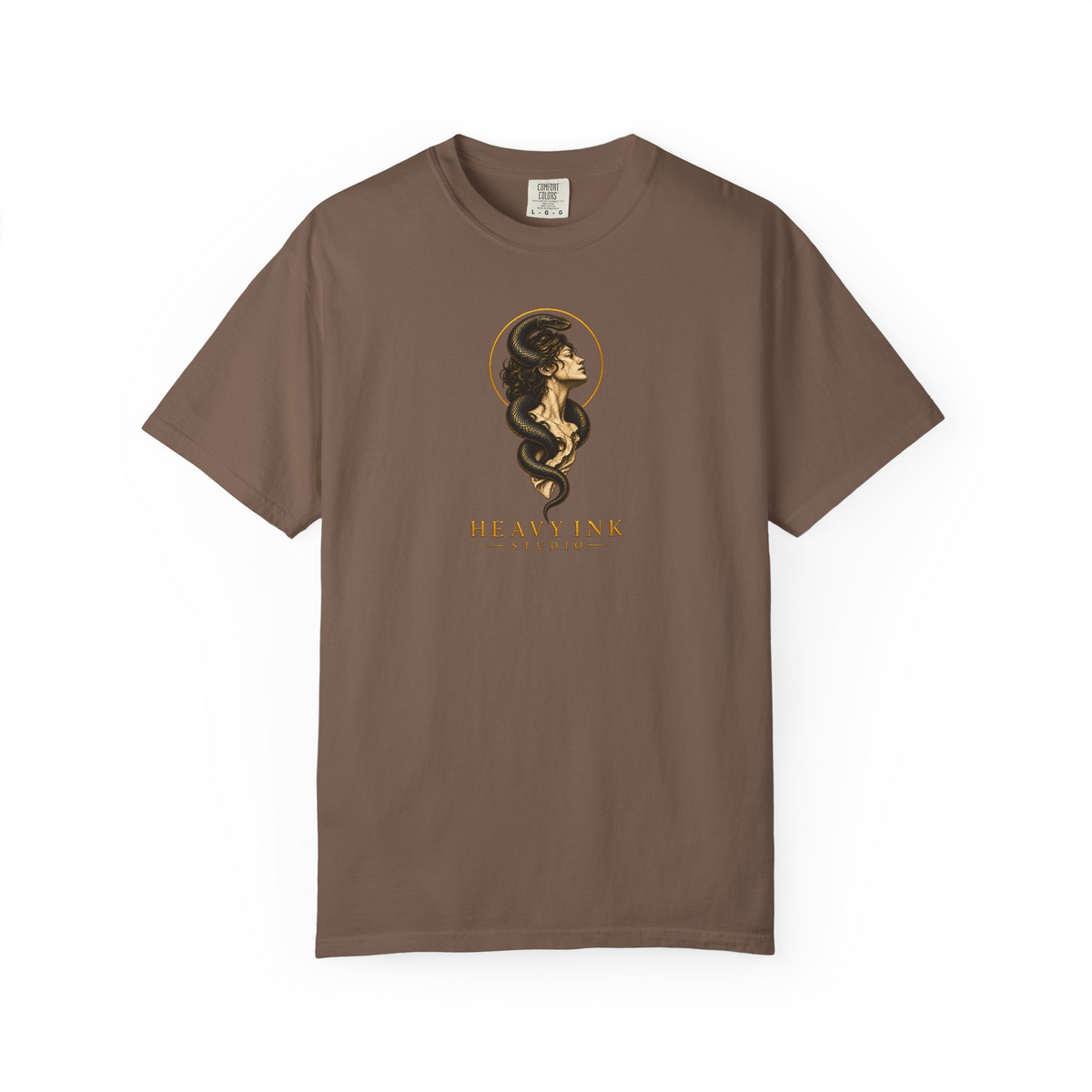 Gilded Serpent tee in Espresso, front view with a centered classical bust, black serpent, gold halo and Heavy Ink Studio wordmark