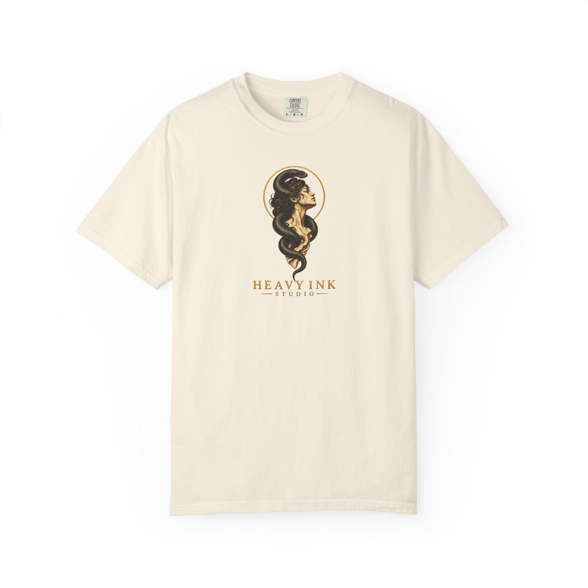 Gilded Serpent tee in Ivory, front view with a centered classical bust, black serpent, gold halo and Heavy Ink Studio wordmark