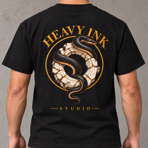 Gilded Serpent graphic tee in Black on Mateo, back artwork on a compact build in a shirt-focused crop