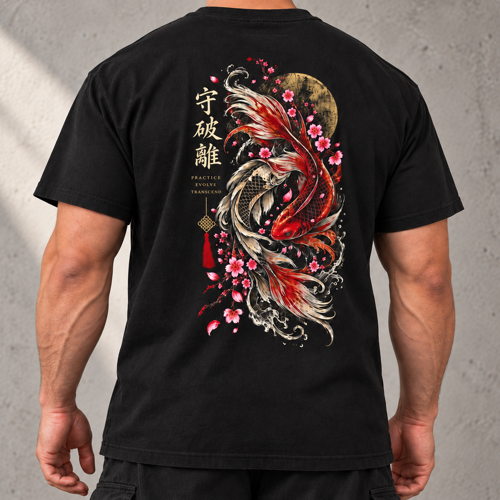 Heavy Ink Koi black tee, close view of full back artwork with face out of frame