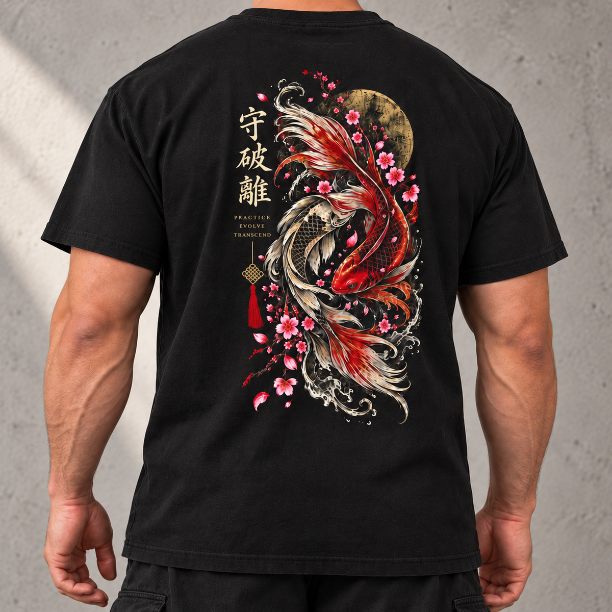 Heavy Ink Koi black tee, close view of full back artwork with face out of frame