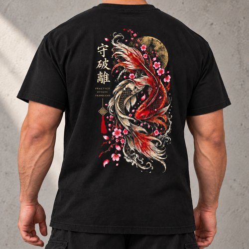 Heavy Ink Koi black tee, close view of full back artwork with face out of frame
