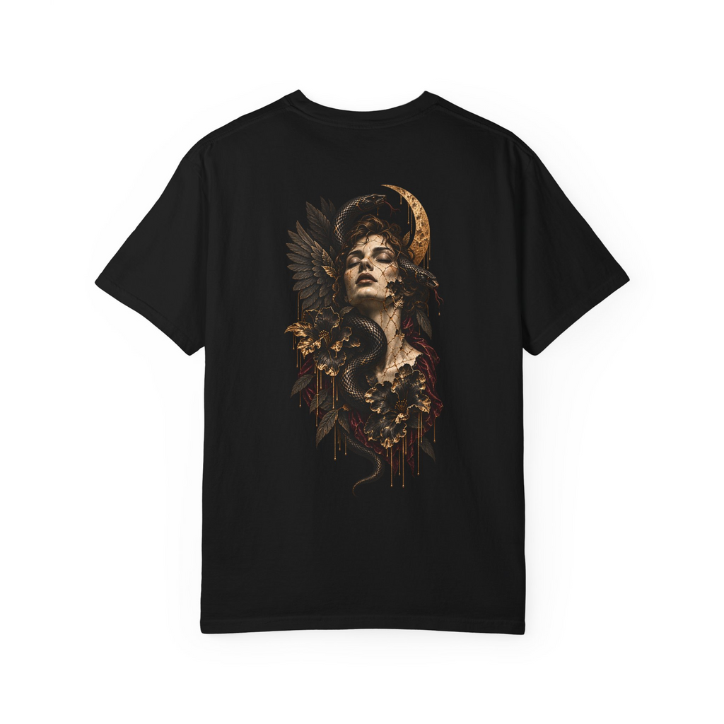 Moon & Serpent tee in Black, back view with a woman, snakes, dark flowers and a gold crescent moon