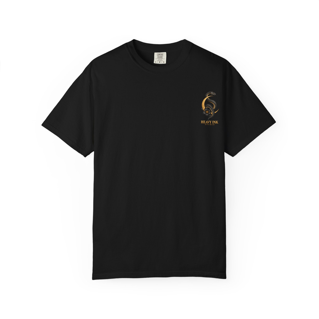 Moon & Serpent tee in Black, front view with a small snake, crescent and flower emblem on the left chest