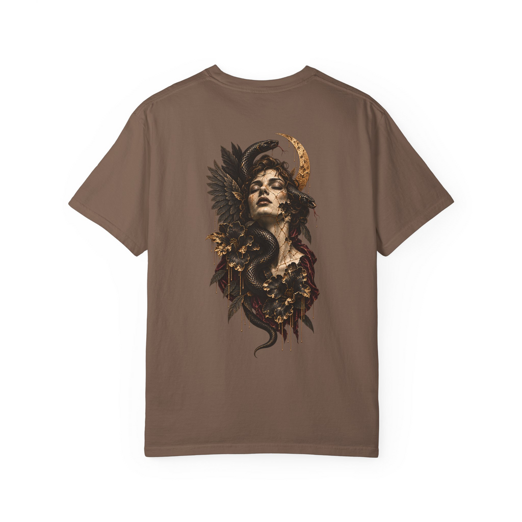 Moon & Serpent tee in Espresso, back view with a woman, snakes, dark flowers and a gold crescent moon