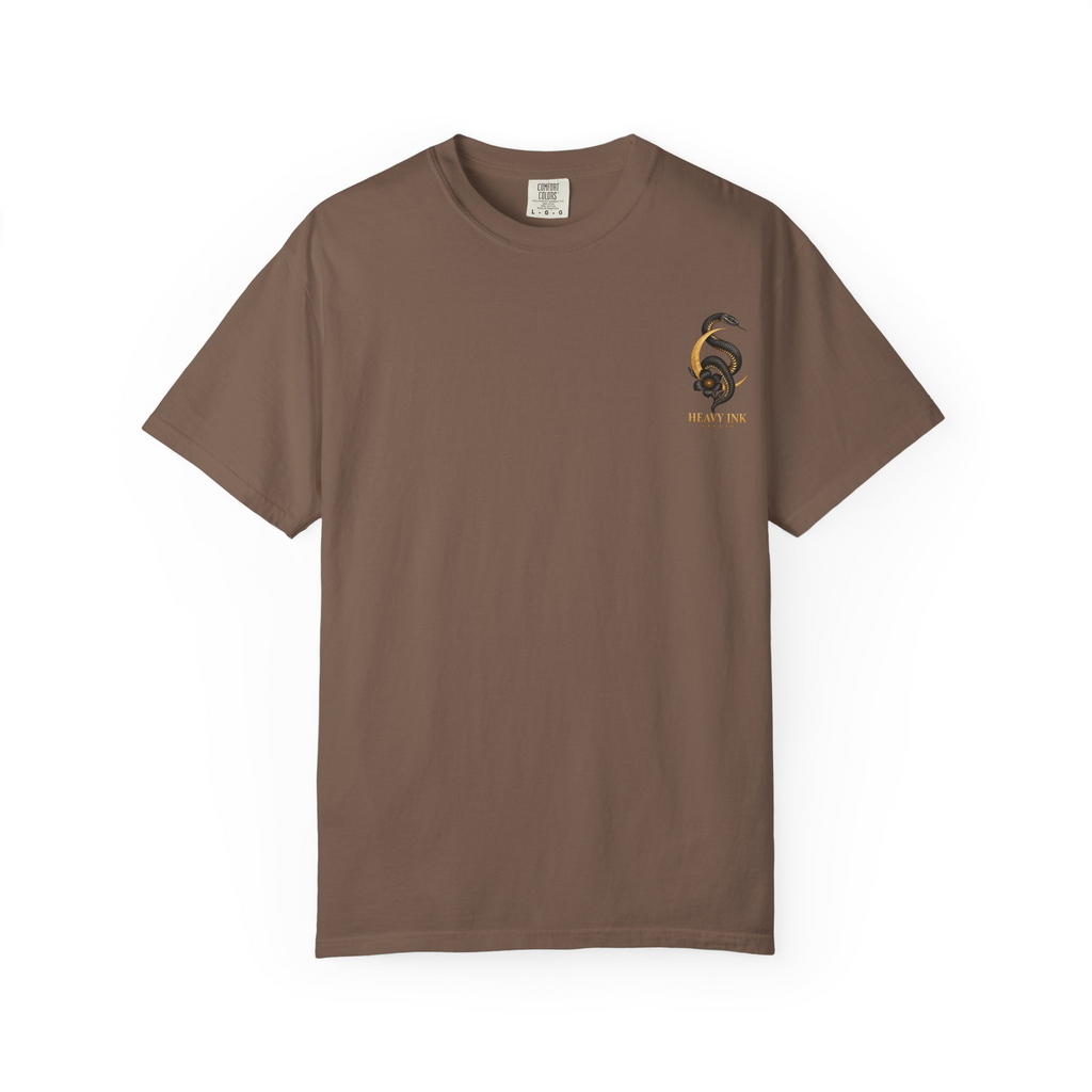 Moon & Serpent tee in Espresso, front view with a small snake, crescent and flower emblem on the left chest