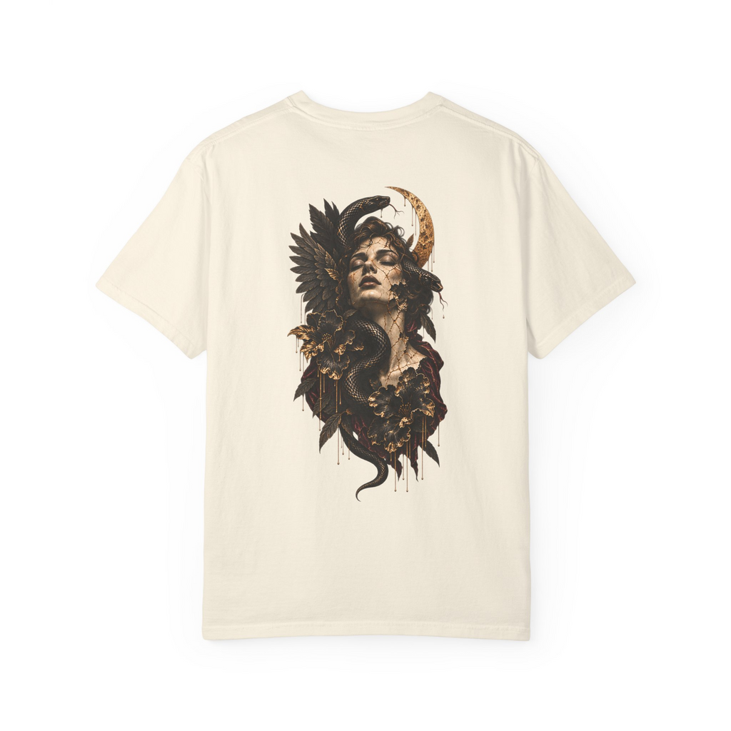 Moon & Serpent tee in Ivory, back view with a woman, snakes, dark flowers and a gold crescent moon