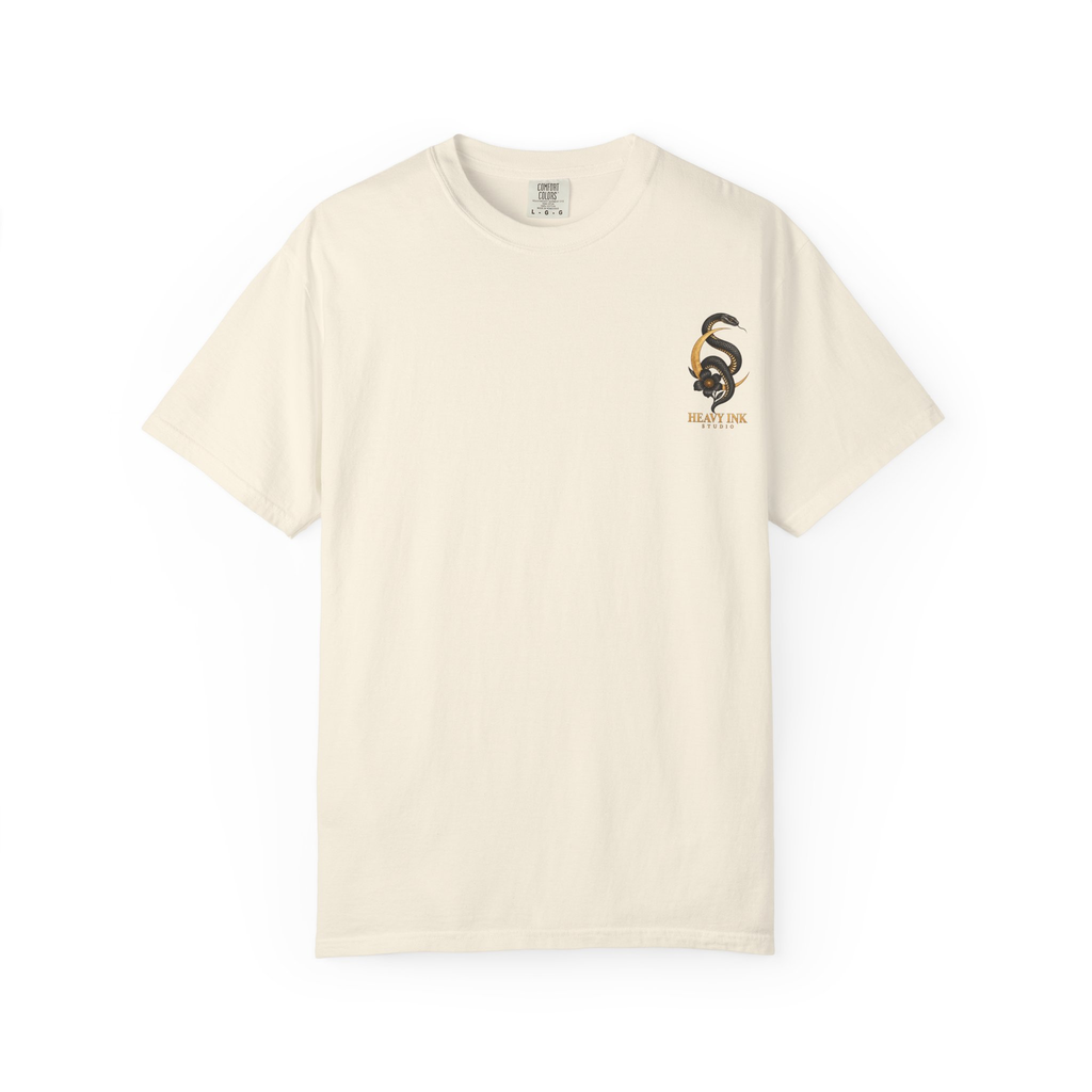 Moon & Serpent tee in Ivory, front view with a small snake, crescent and flower emblem on the left chest