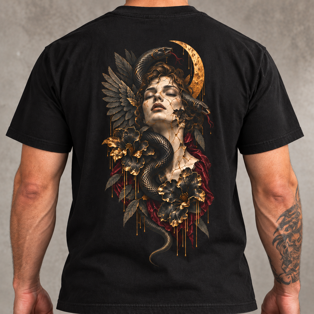 Venom Muse graphic tee in Black on Eric, back artwork shown in a shirt-focused crop