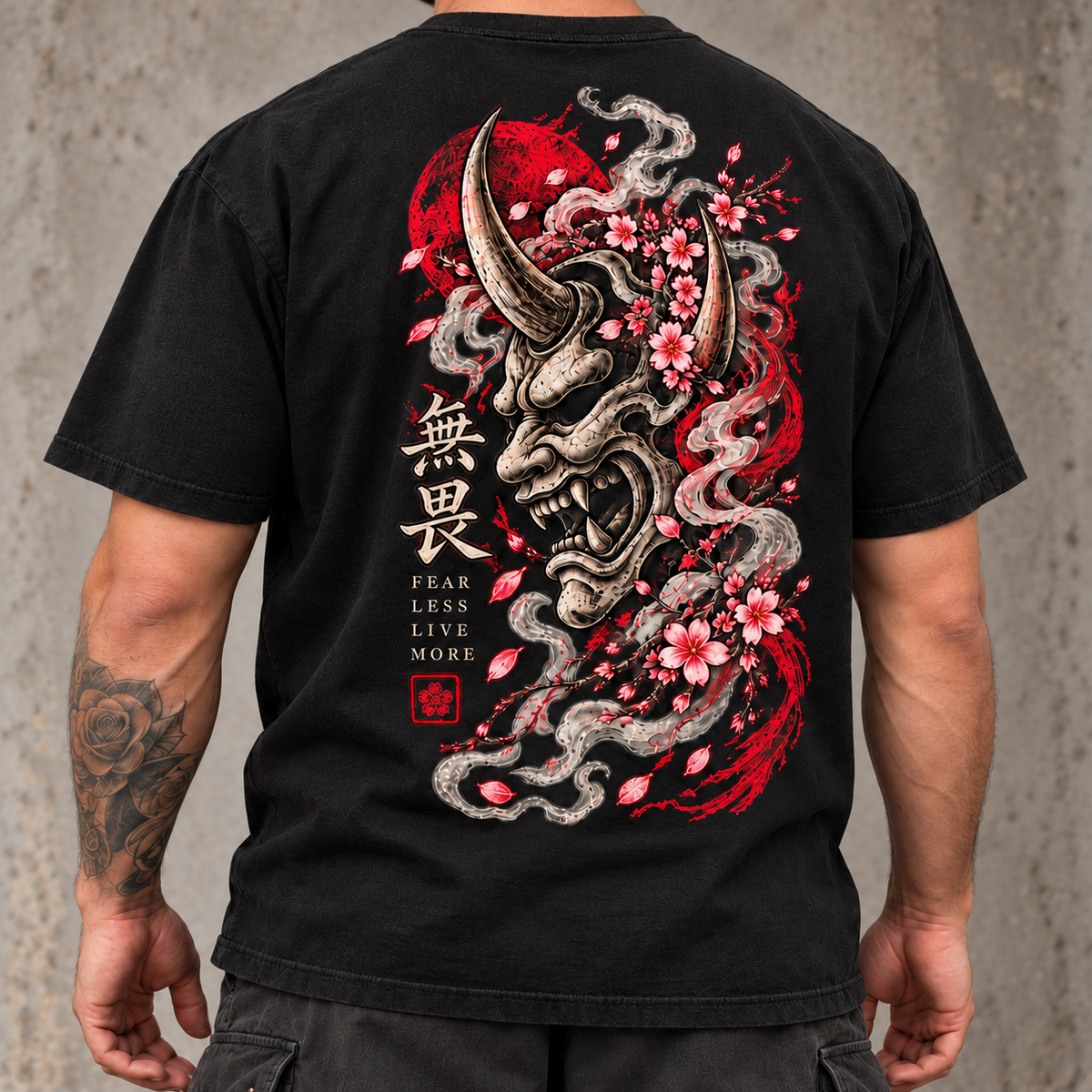 Heavy Ink Oni black tee, close view of full back artwork with face out of frame
