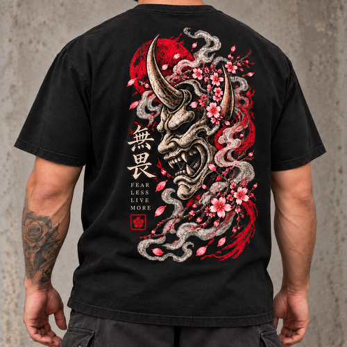 Heavy Ink Oni black tee, close view of full back artwork with face out of frame