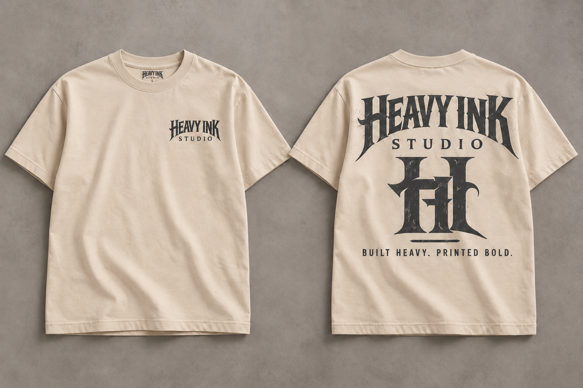 Ivory Heavy Ink Studio shirts, front with printed Heavy Ink neck label and signature back design