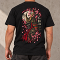 Heavy Ink Samurai black tee, close view of full back artwork with face out of frame