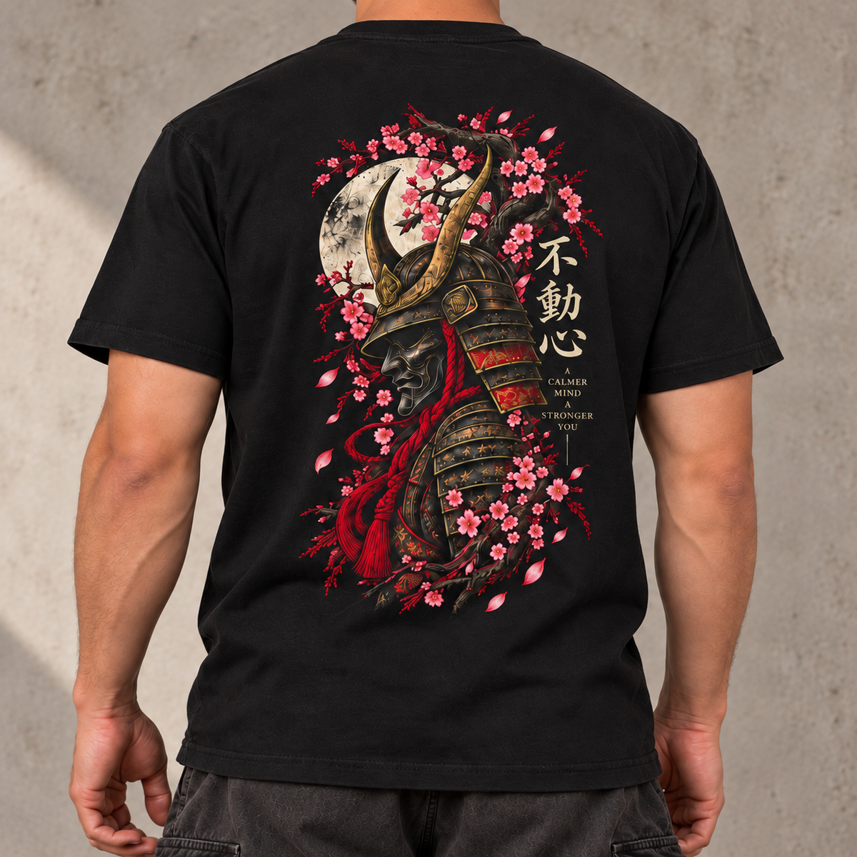 Heavy Ink Samurai black tee, close view of full back artwork with face out of frame