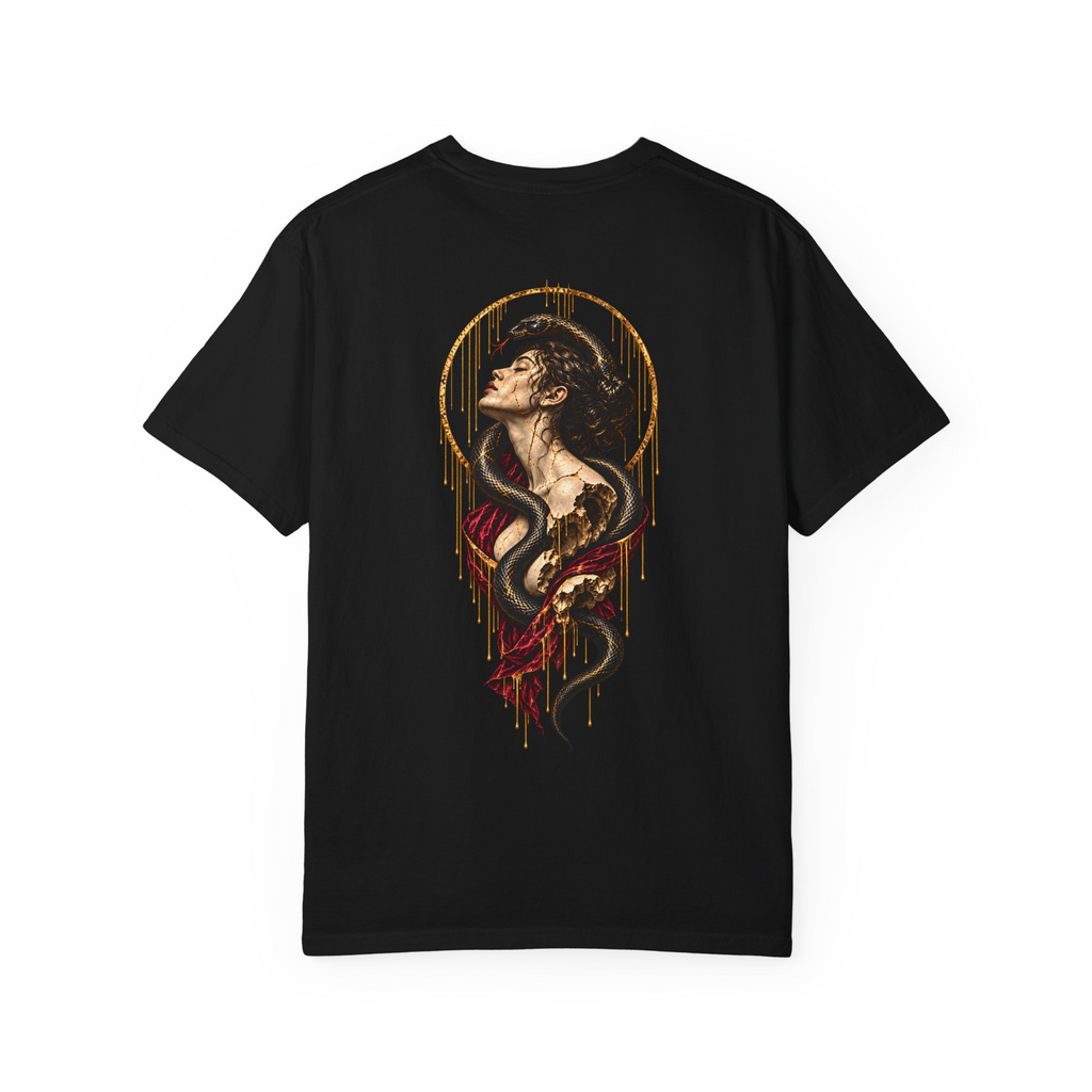 Statue & Serpent tee in Black, back view with a fractured statue, coiling snake, red drapery and a gold circular frame