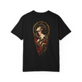 Statue & Serpent tee in Black, back view with a fractured statue, coiling snake, red drapery and a gold circular frame
