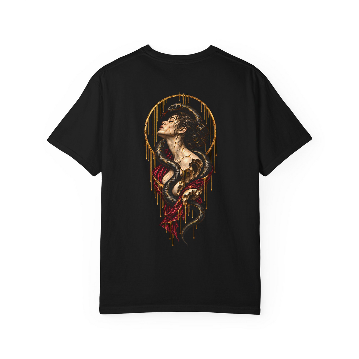 Statue & Serpent tee in Black, back view with a fractured statue, coiling snake, red drapery and a gold circular frame