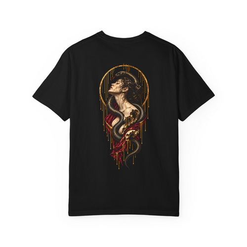Statue & Serpent tee in Black, back view with a fractured statue, coiling snake, red drapery and a gold circular frame