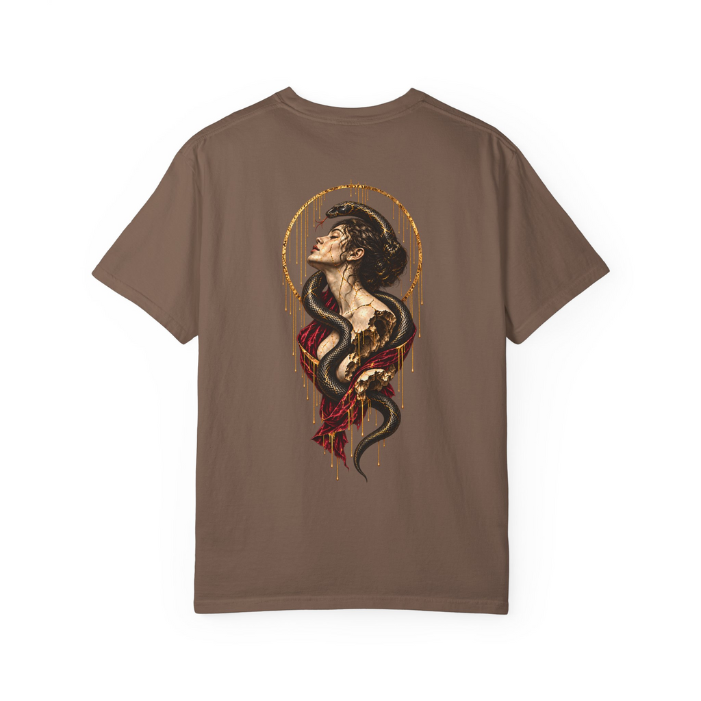 Statue & Serpent tee in Espresso, back view with a fractured statue, coiling snake, red drapery and a gold circular frame