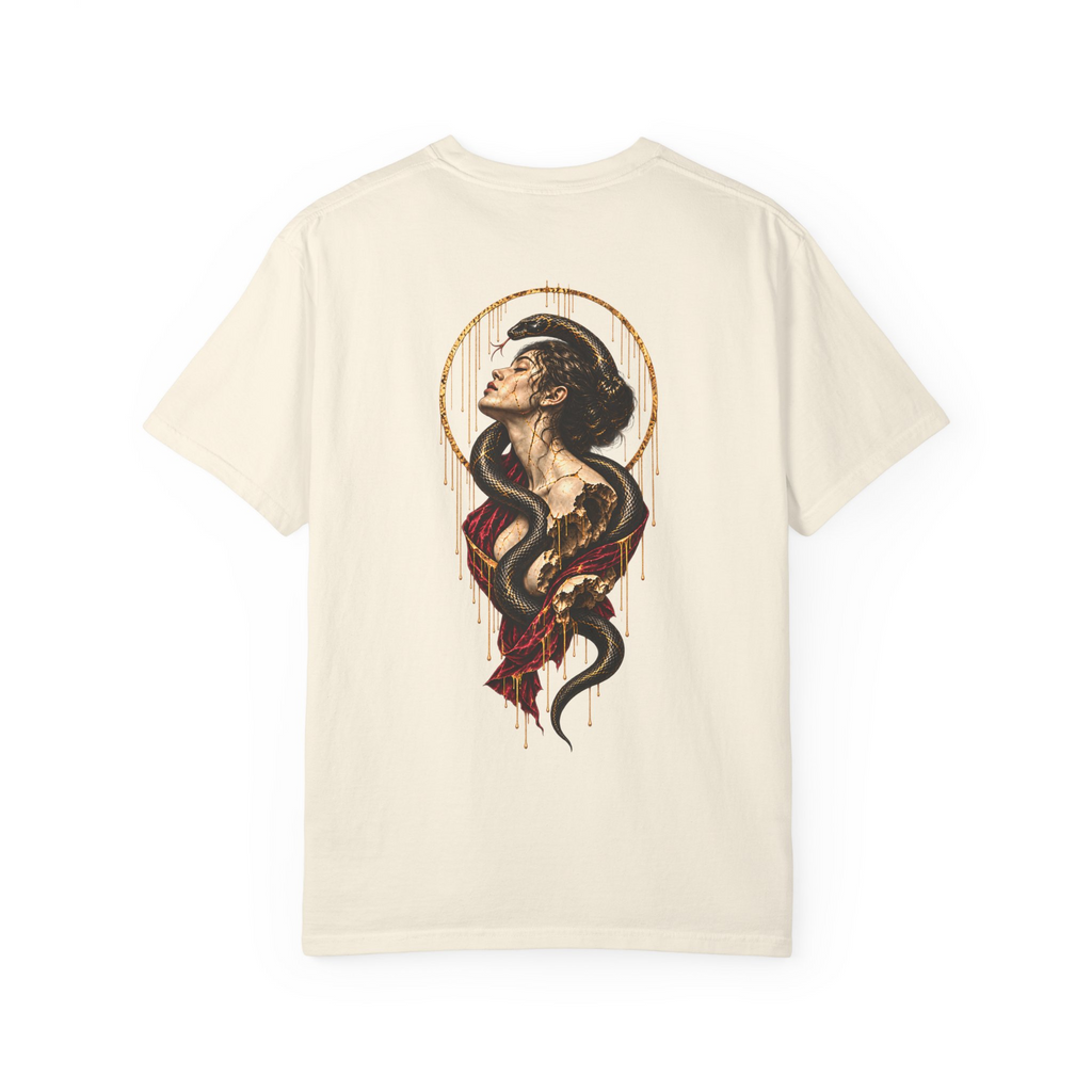 Statue & Serpent tee in Ivory, back view with a fractured statue, coiling snake, red drapery and a gold circular frame