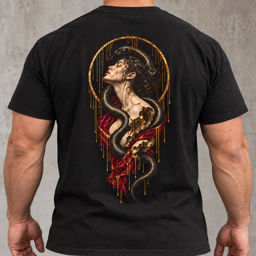 Statue & Serpent graphic tee in Black on Diego, back artwork on a broad build in a shirt-focused crop
