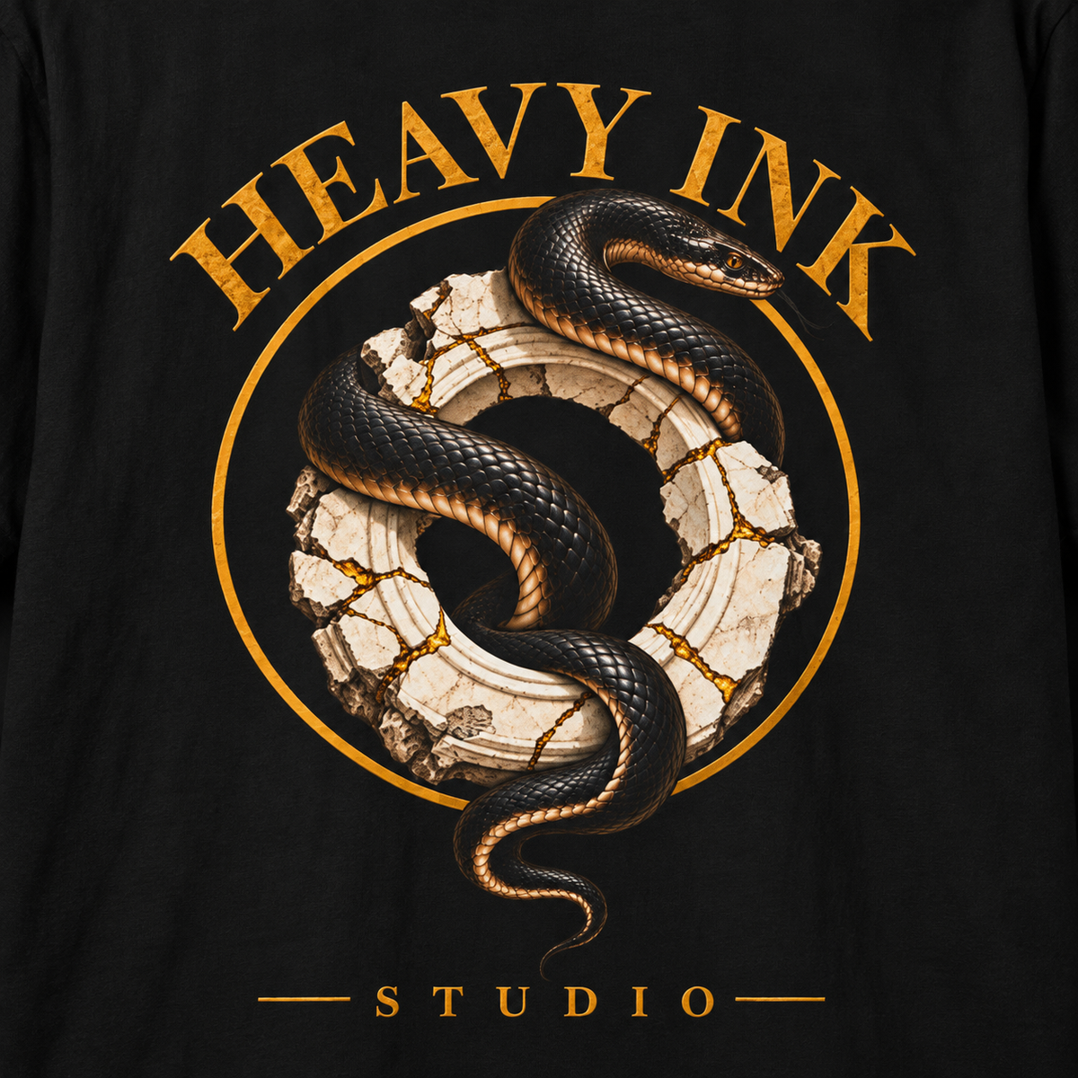 Close-up of the Sovereign artwork printed on a black Heavy Ink Studio T-shirt.