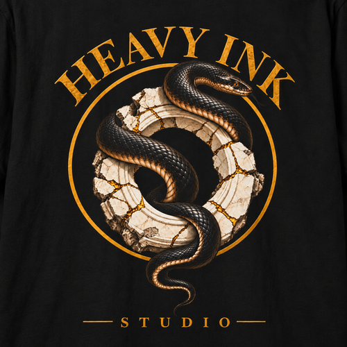 Close-up of the Sovereign artwork printed on a black Heavy Ink Studio T-shirt.