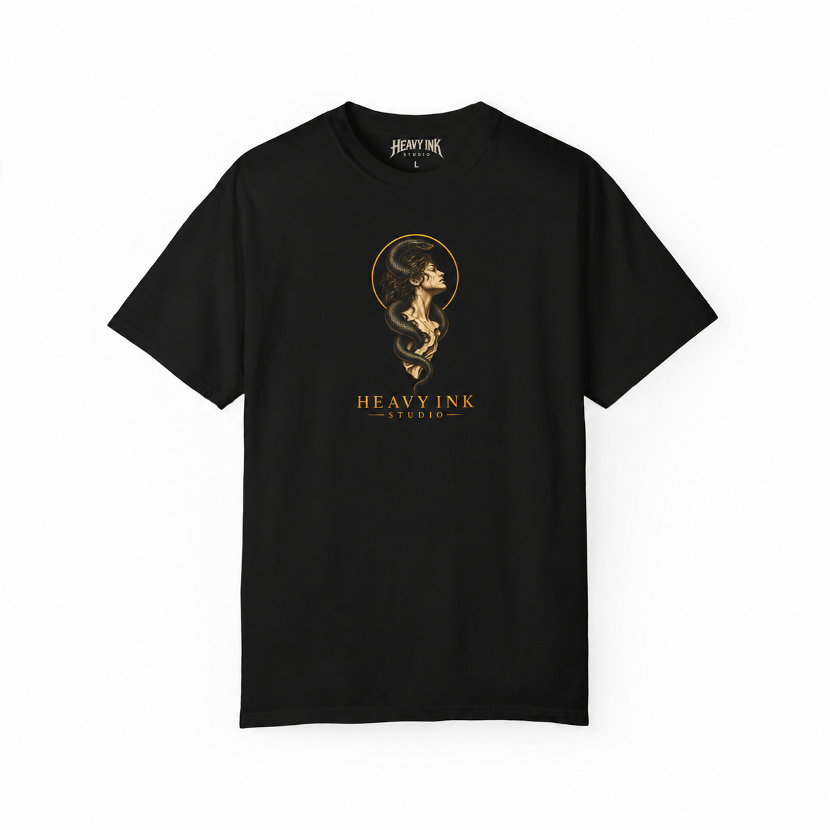 Sovereign tee in Black, front artwork and Heavy Ink Studio printed neck label