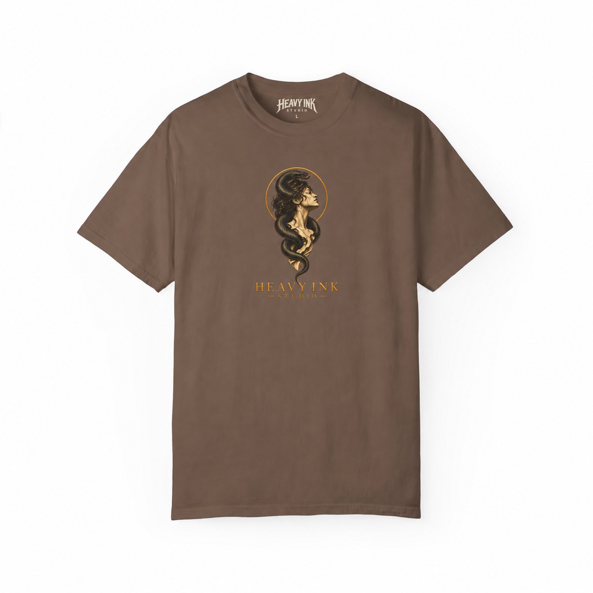 Sovereign tee in Espresso, front artwork and Heavy Ink Studio printed neck label