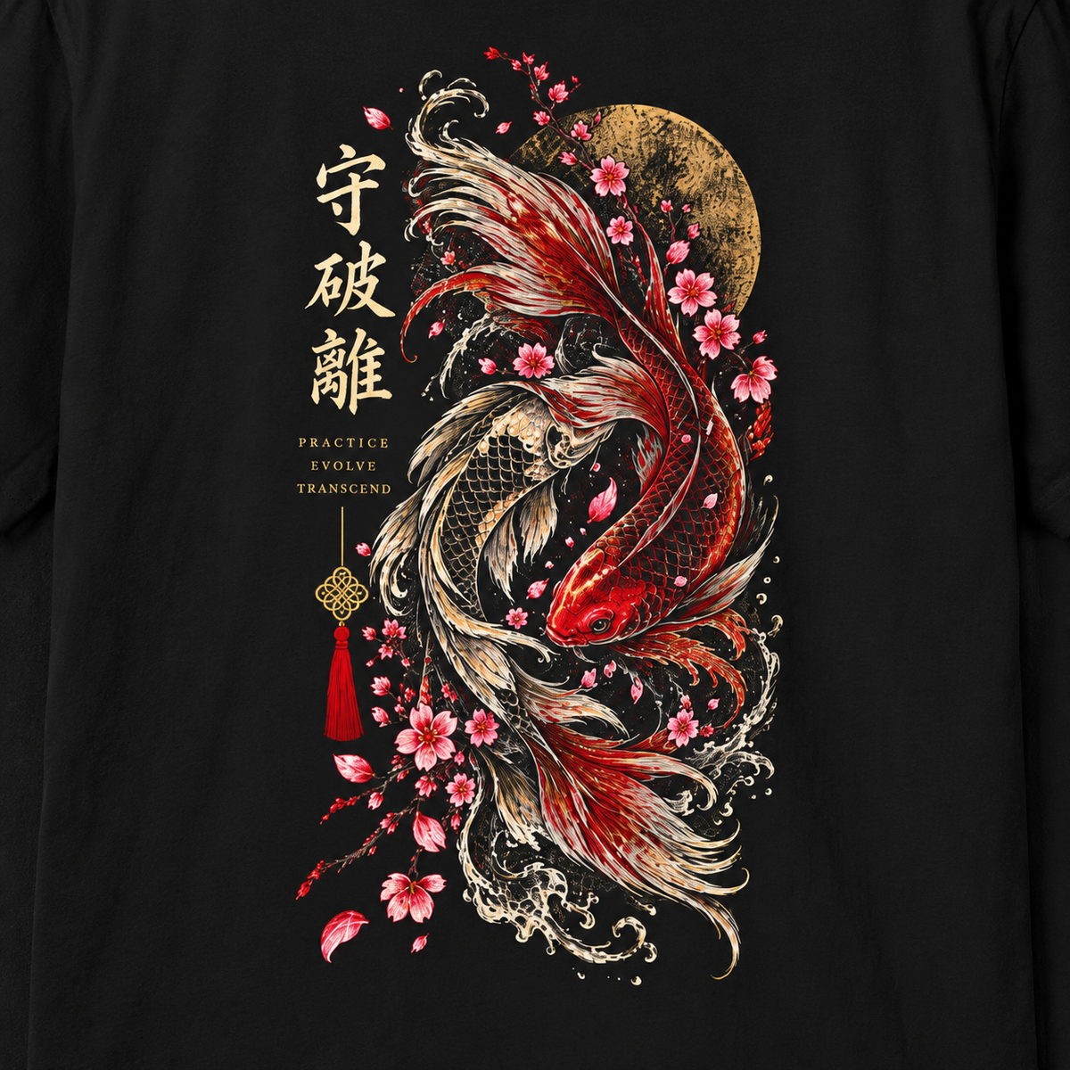 Close-up of the Koi artwork printed on a black Heavy Ink Studio T-shirt.