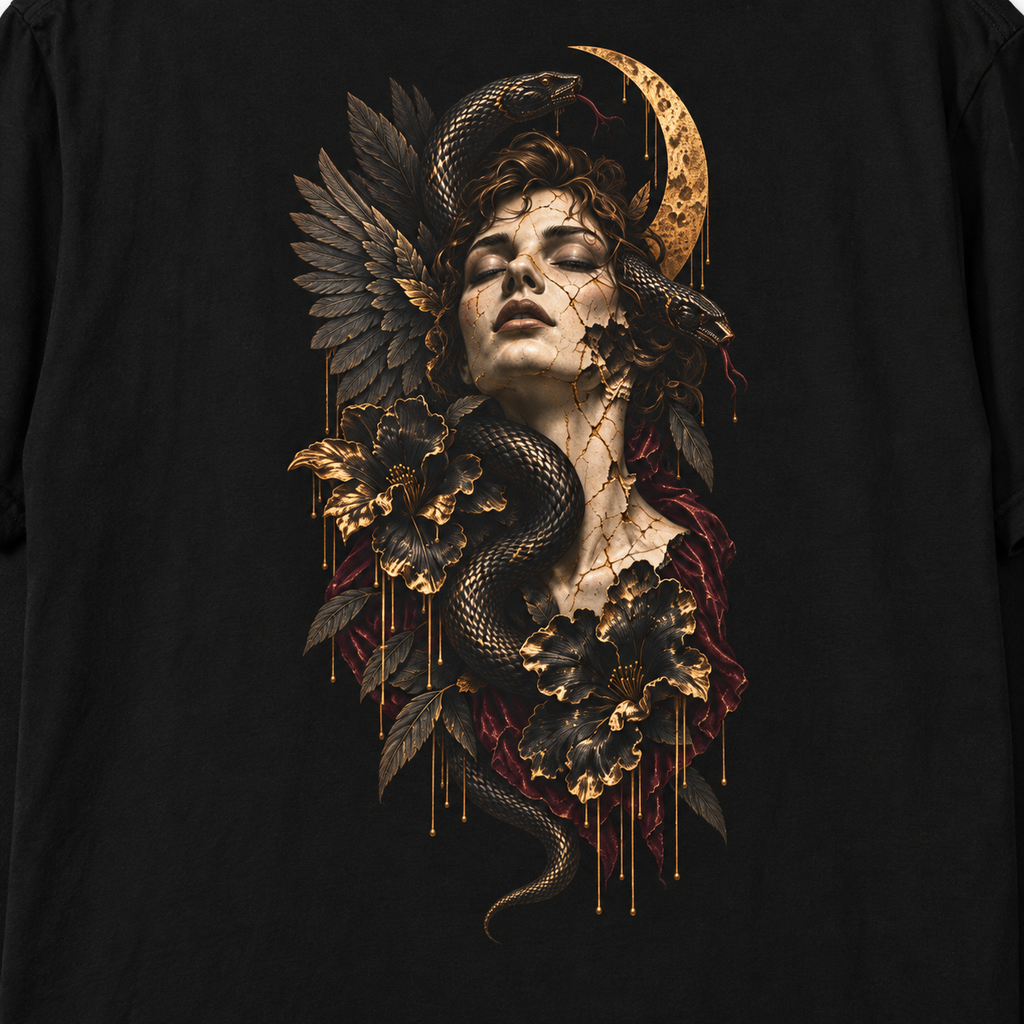 Close-up of the Venom Muse artwork printed on a black Heavy Ink Studio T-shirt.