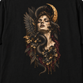 Close-up of the Venom Muse artwork printed on a black Heavy Ink Studio T-shirt.