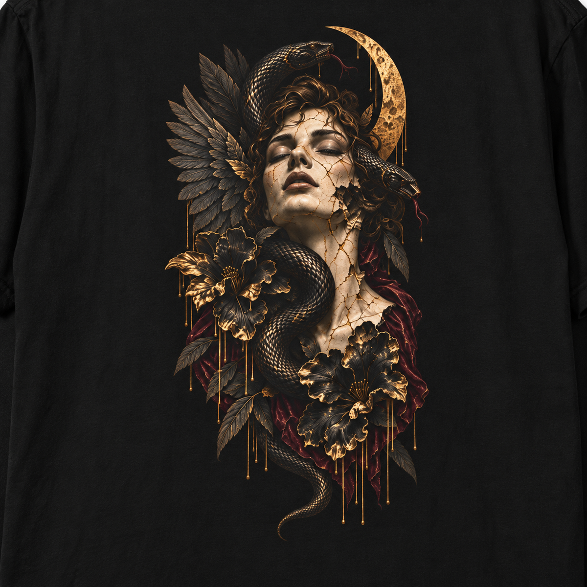 Close-up of the Venom Muse artwork printed on a black Heavy Ink Studio T-shirt.