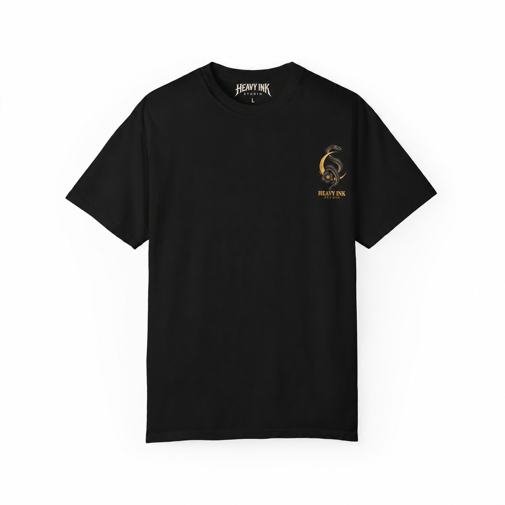 Venom Muse tee in Black, front artwork and Heavy Ink Studio printed neck label