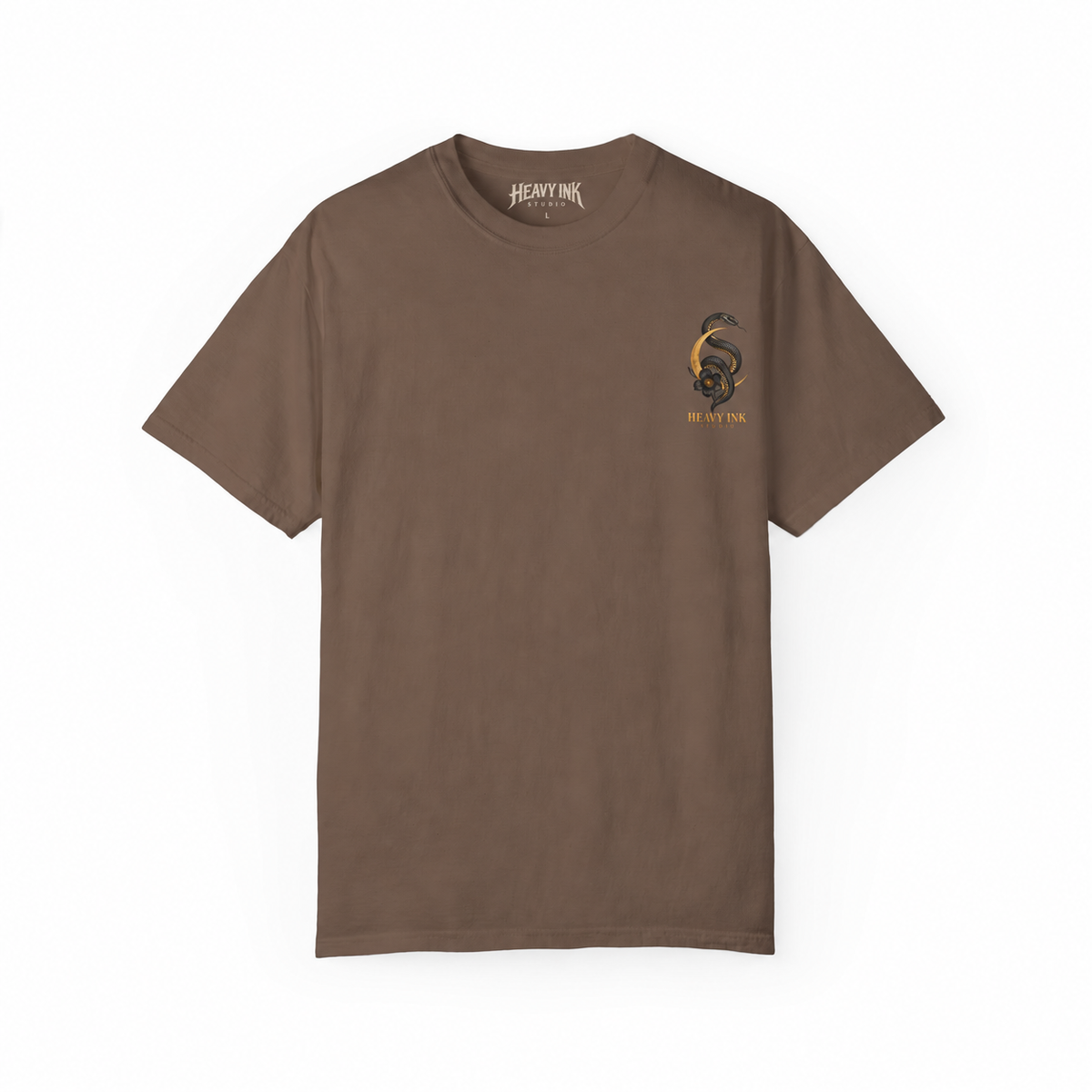 Venom Muse tee in Espresso, front artwork and Heavy Ink Studio printed neck label