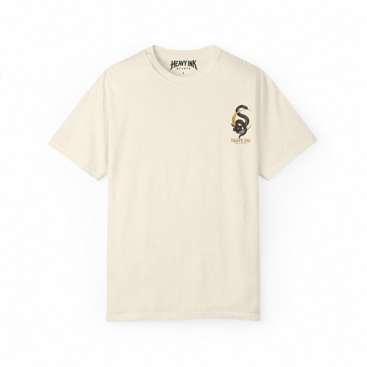 Venom Muse tee in Ivory, front artwork and Heavy Ink Studio printed neck label