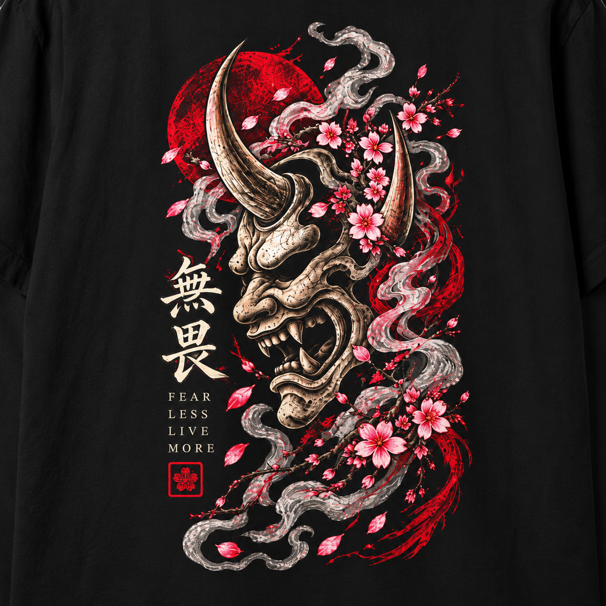 Close-up of the Oni artwork printed on a black Heavy Ink Studio T-shirt.