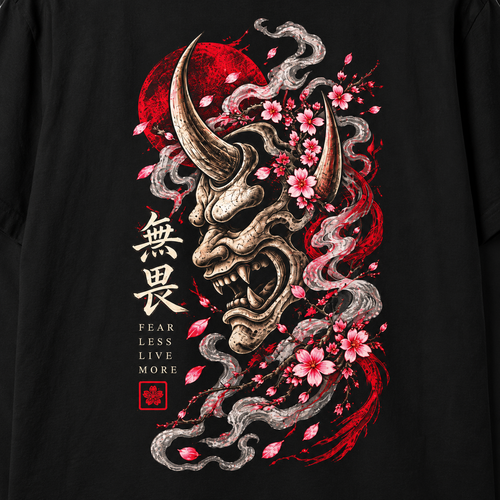 Close-up of the Oni artwork printed on a black Heavy Ink Studio T-shirt.