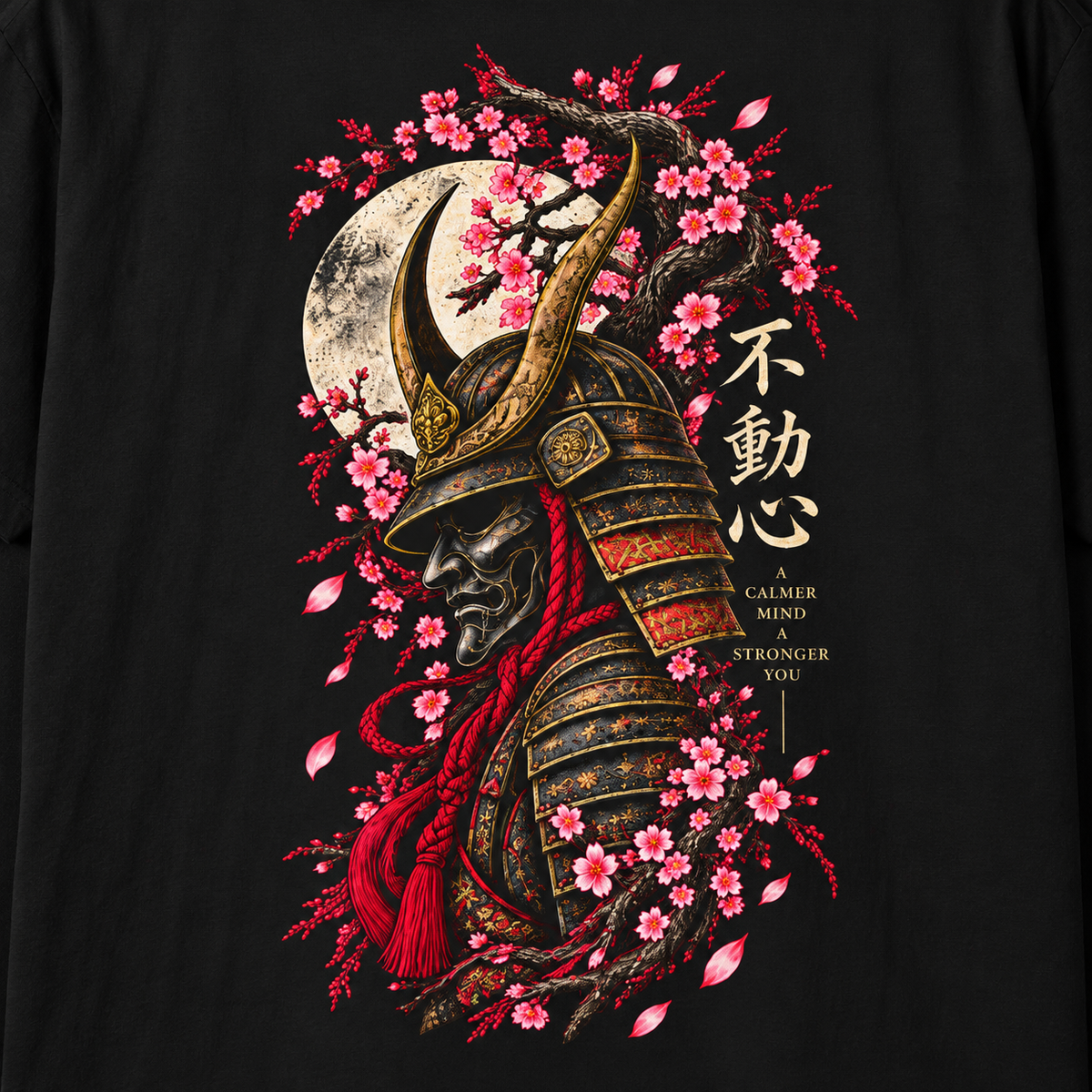 Close-up of the Samurai artwork printed on a black Heavy Ink Studio T-shirt.