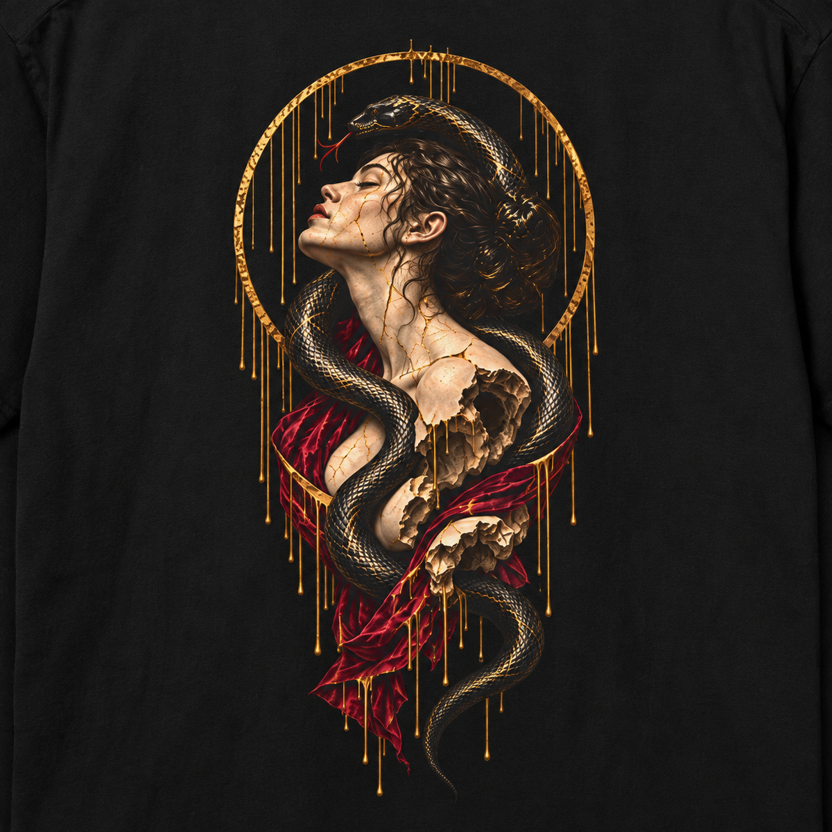 Close-up of the Fallen Saint artwork printed on a black Heavy Ink Studio T-shirt.