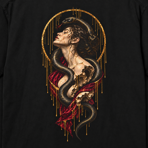 Close-up of the Fallen Saint artwork printed on a black Heavy Ink Studio T-shirt.