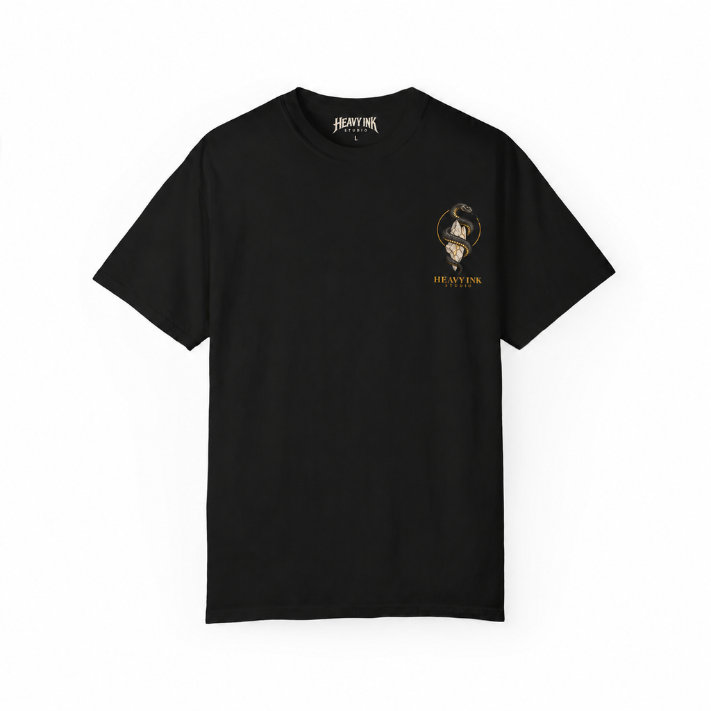 Statue & Serpent tee in Black, front artwork and Heavy Ink Studio printed neck label