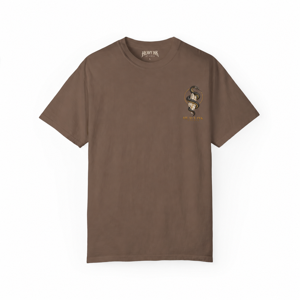 Statue & Serpent tee in Espresso, front artwork and Heavy Ink Studio printed neck label