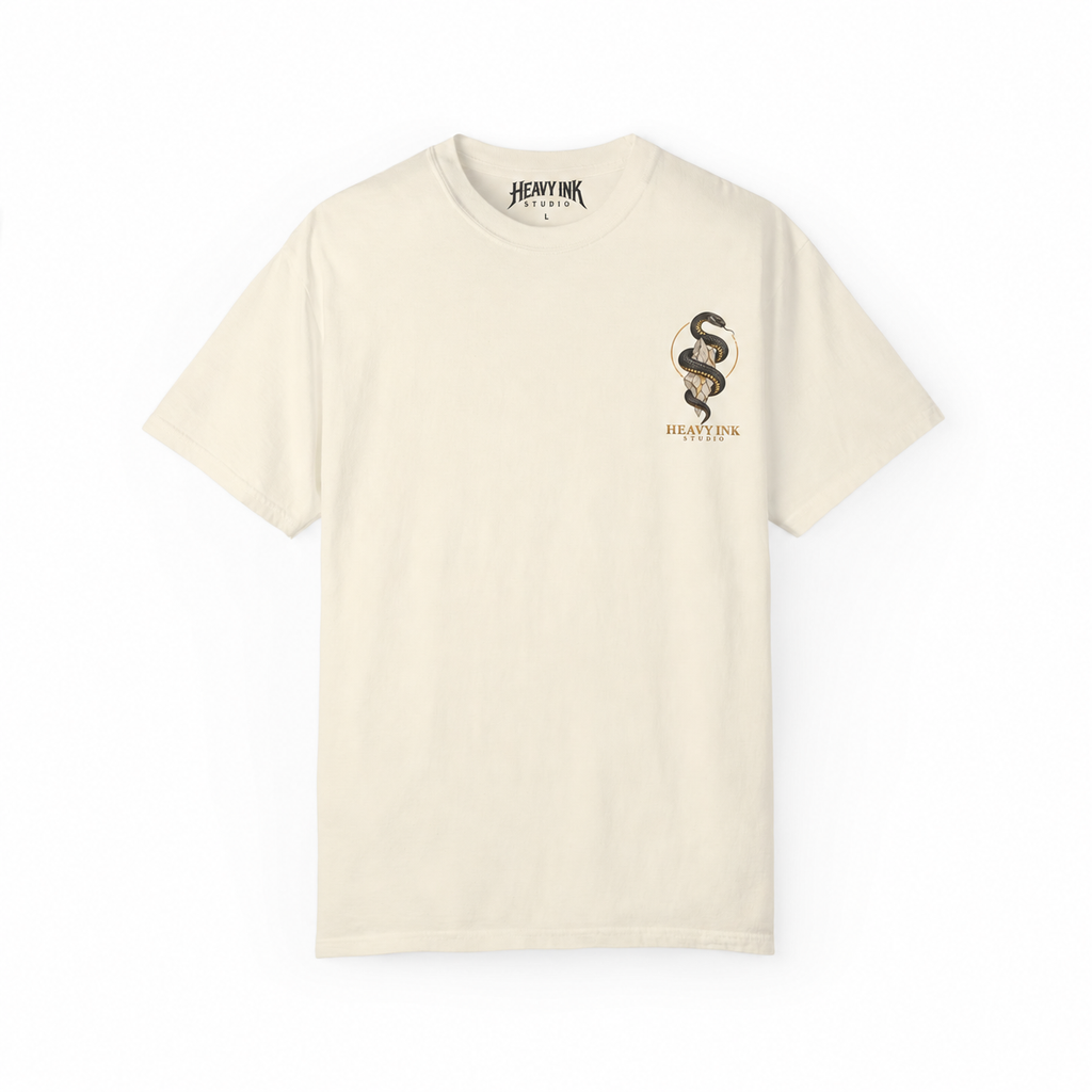 Statue & Serpent tee in Ivory, front artwork and Heavy Ink Studio printed neck label